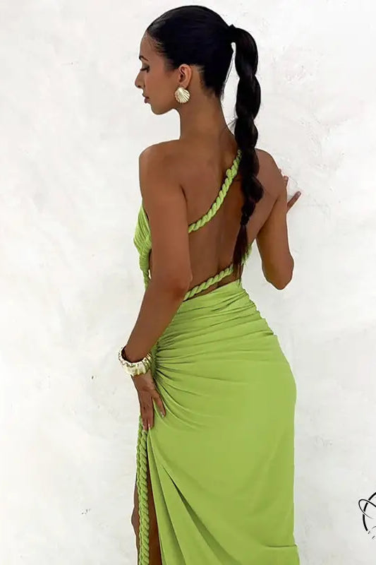 Stunning cutout lace pleated green one-shoulder dress