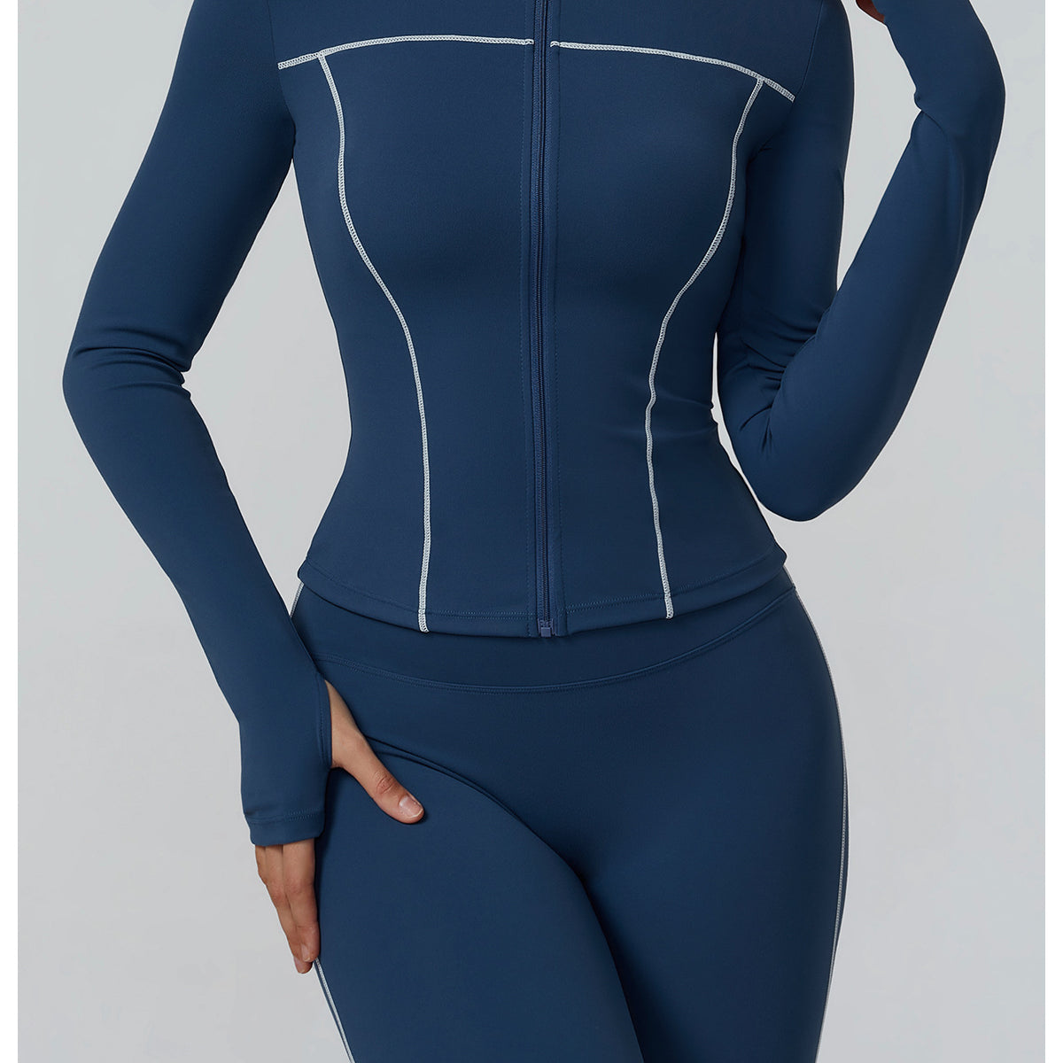 Langry Warm Zipper Windproof Slim Jacket in navy blue with white accents for fashion fitness wear