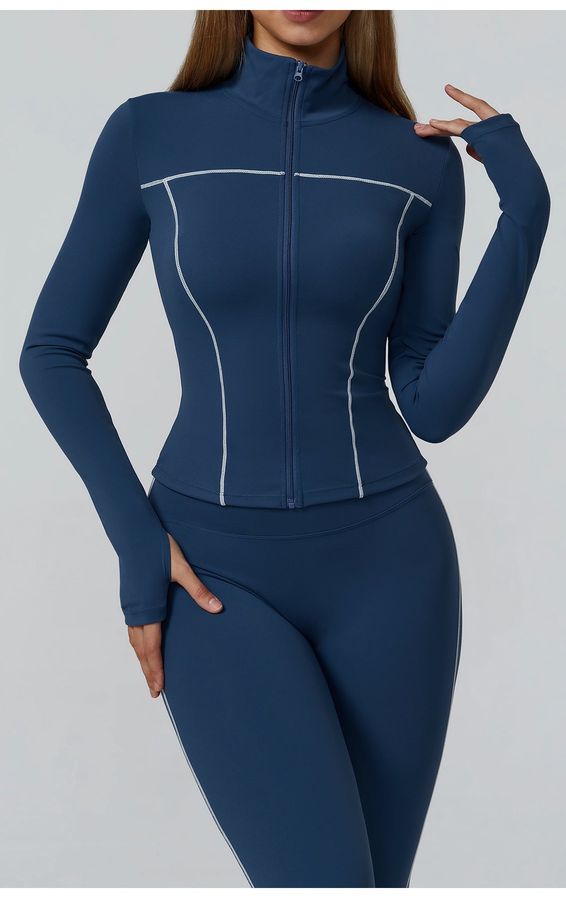 Langry Warm Zipper Windproof Slim Jacket in navy blue with white accents for fashion fitness wear