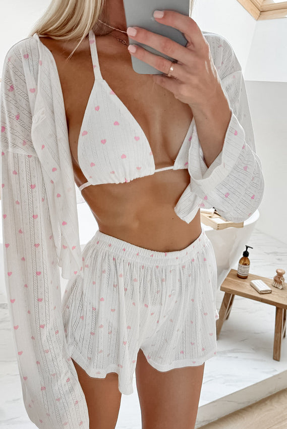 White heart-patterned bikini top shorts and cover-up shirt, part of White Knitted Pajamas Three Piece Set