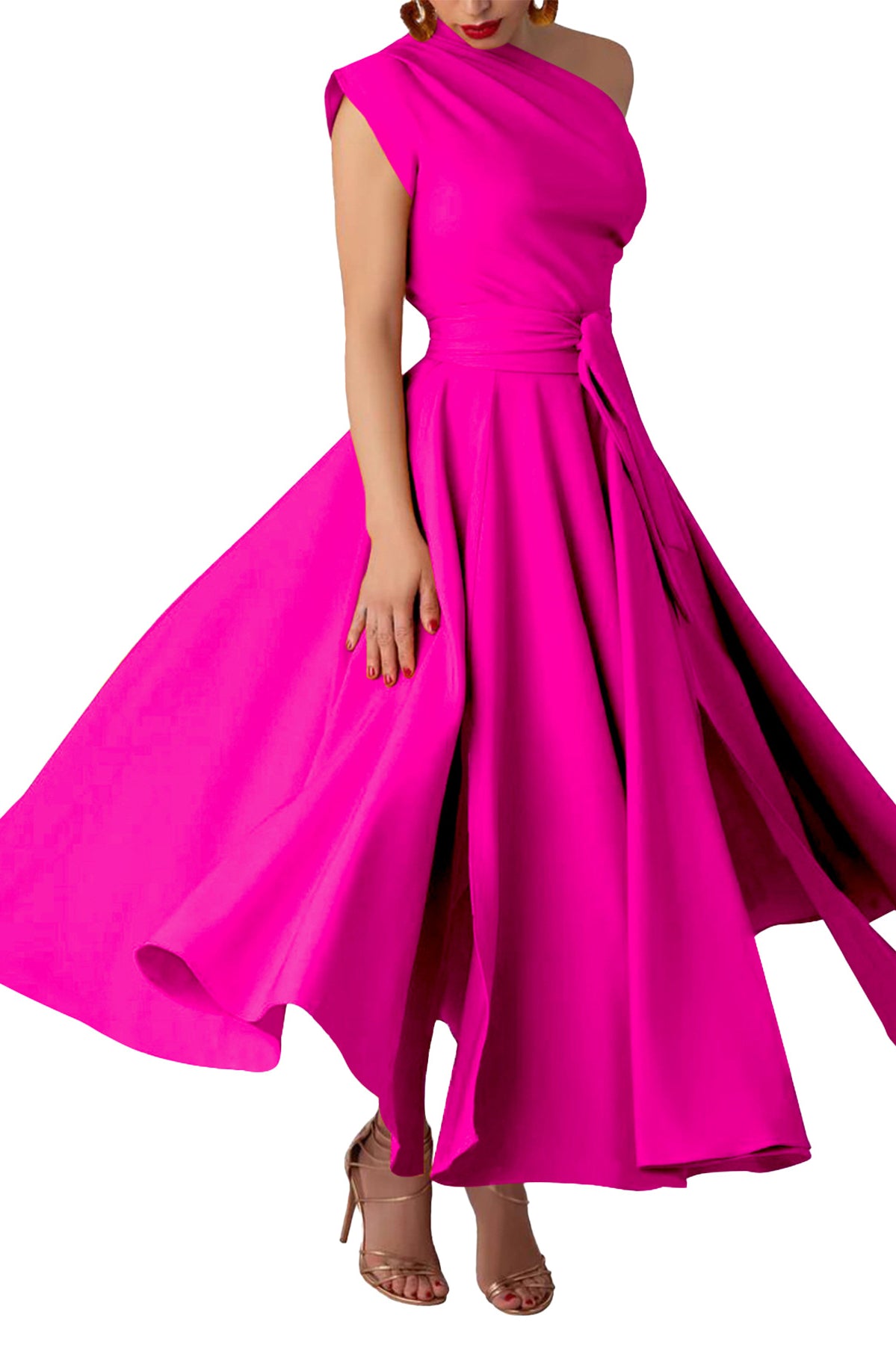Hot pink satin one-shoulder waist tight swing maxi dress