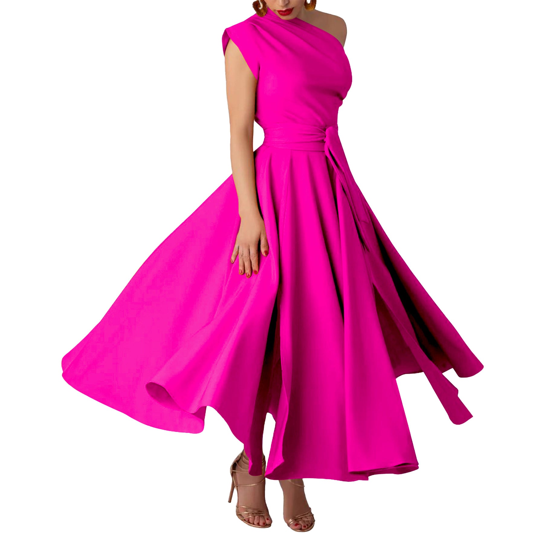 Hot pink satin one-shoulder waist tight swing maxi dress