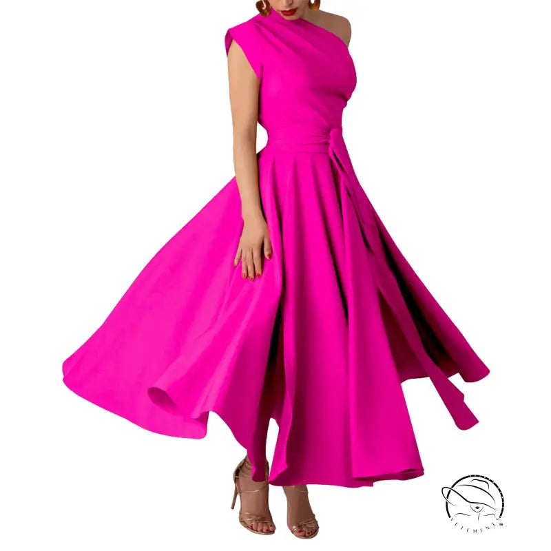 Hot pink satin one-shoulder waist tight swing maxi dress