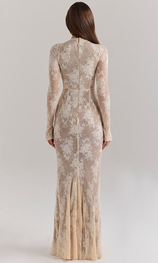 Stunning Slim Sheath Dress features a long-sleeved lace gown for elegant fashion ملابس
