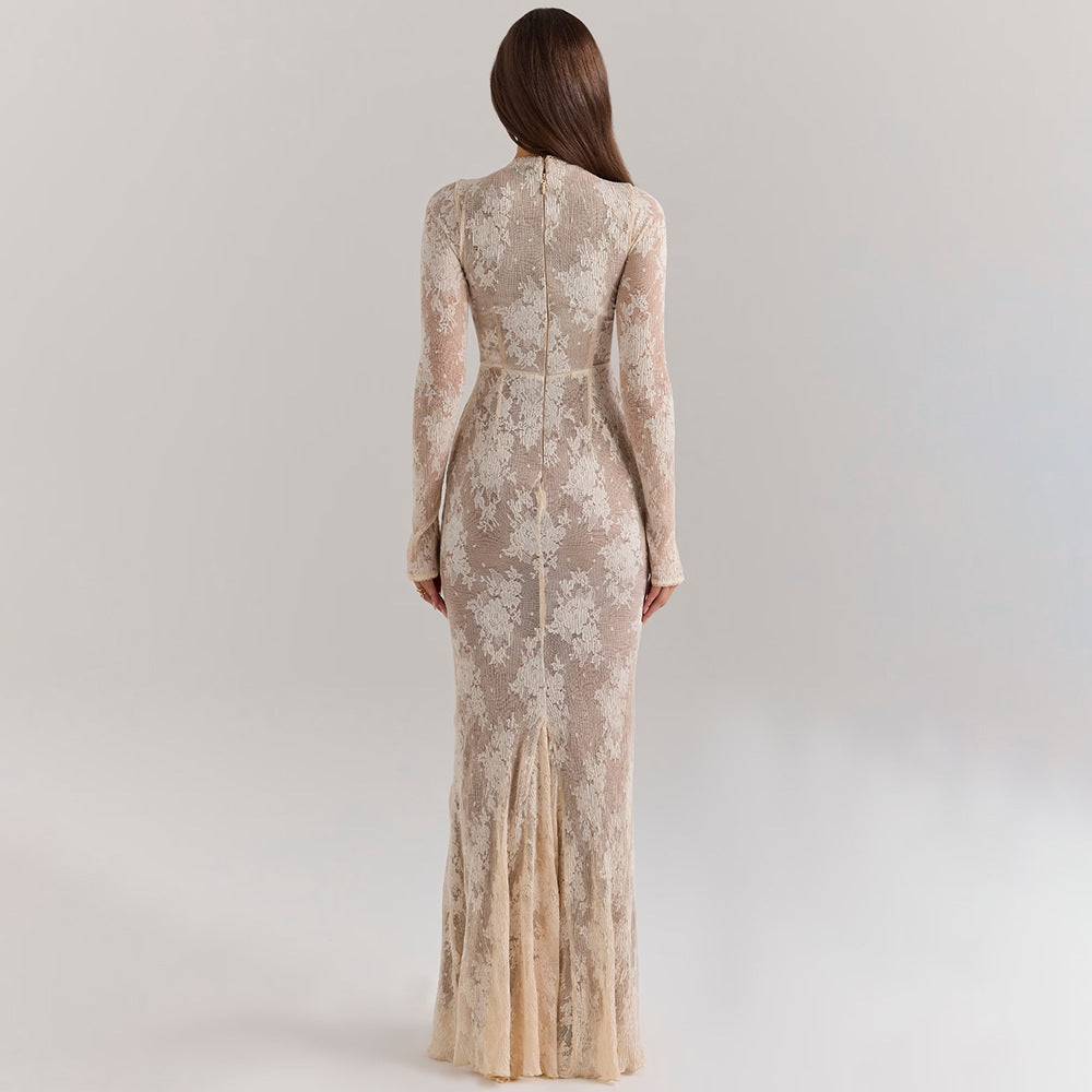 Stunning Slim Sheath Dress features a long-sleeved lace gown for elegant fashion ملابس