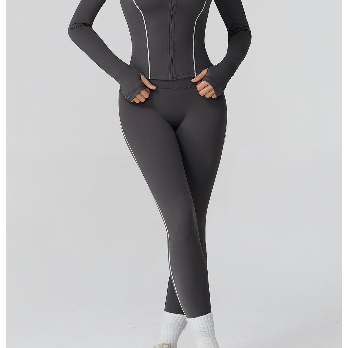 Langry charcoal gray windproof jumpsuit with white piping and high collar for fashion ملابس