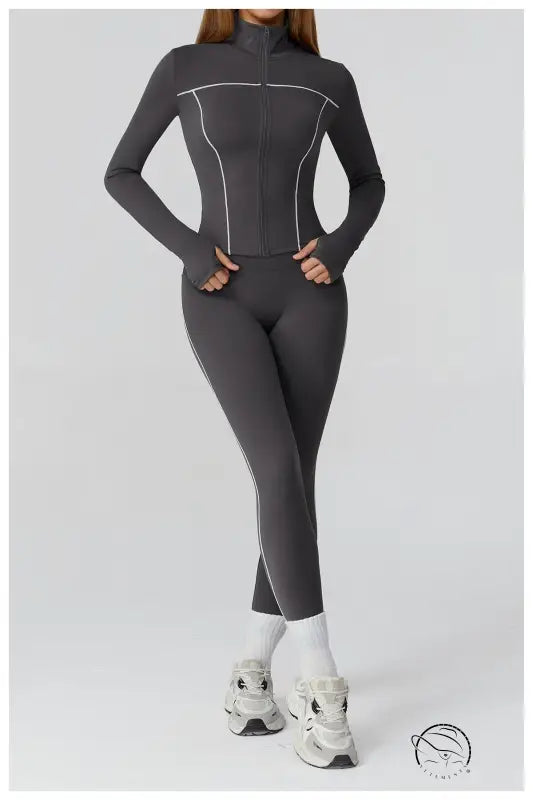 Langry charcoal gray windproof jumpsuit with white piping, high collar fashion ملابس