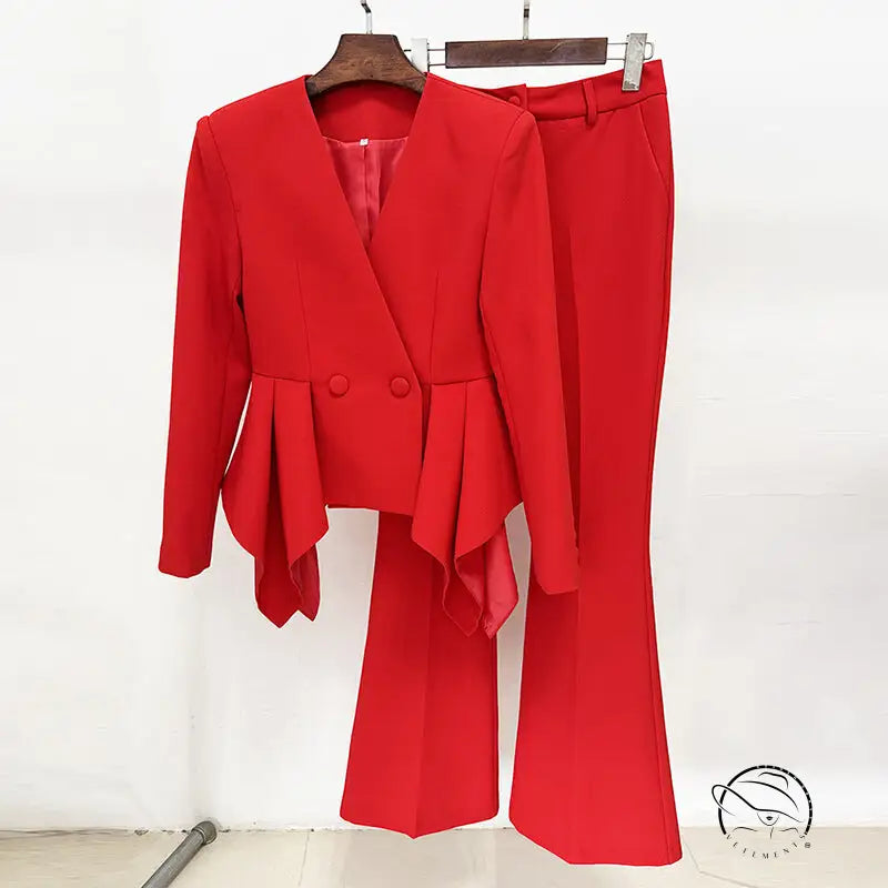 Gorgeous langry fashion red peplum blazer pants set with ruffles