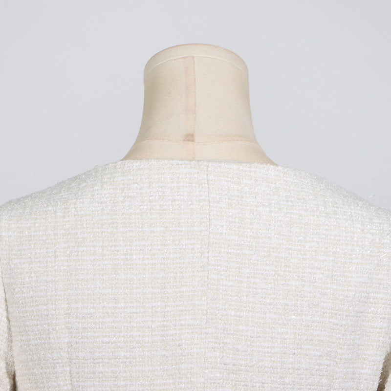 Beige tweed jacket back view on Off Shoulder Long Sleeve Waist Pocket Stitching High Sense Dress in langry fashion and ملابس style