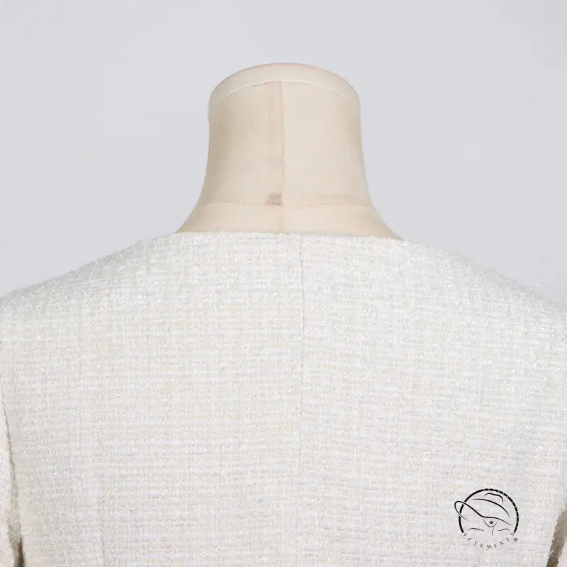 Beige tweed jacket back in Langry fashion off-shoulder dress with waist pocket