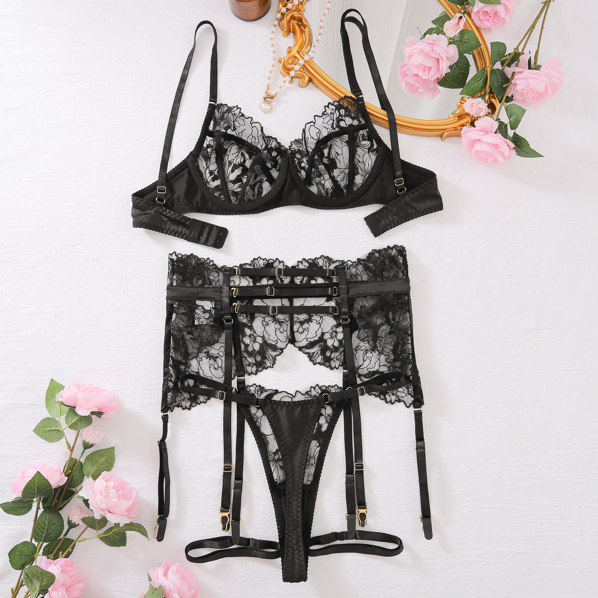 Black lace embroidery lingerie set with steel ring push-up, sheer cutouts