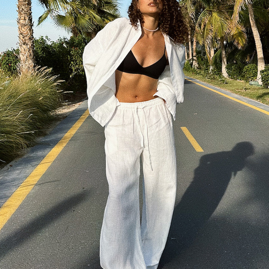 White linen pants from Cotton Shirt Trousers Casual Sets for stylish langry fashion ملابس