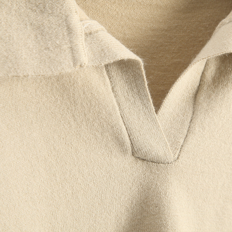 Close-up of beige knit polo shirt with V-neck from Warm Polo Collar Knitted Sweater, a stylish ملابس fashion piece
