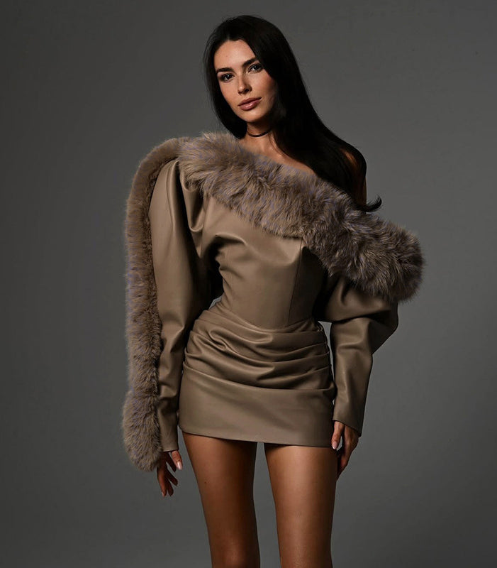 Langry fashion beige satin mini dress with fur trim and puffed sleeves