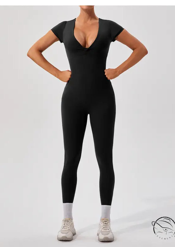 Black langry fashion yoga bodysuit with deep v-neck in one piece