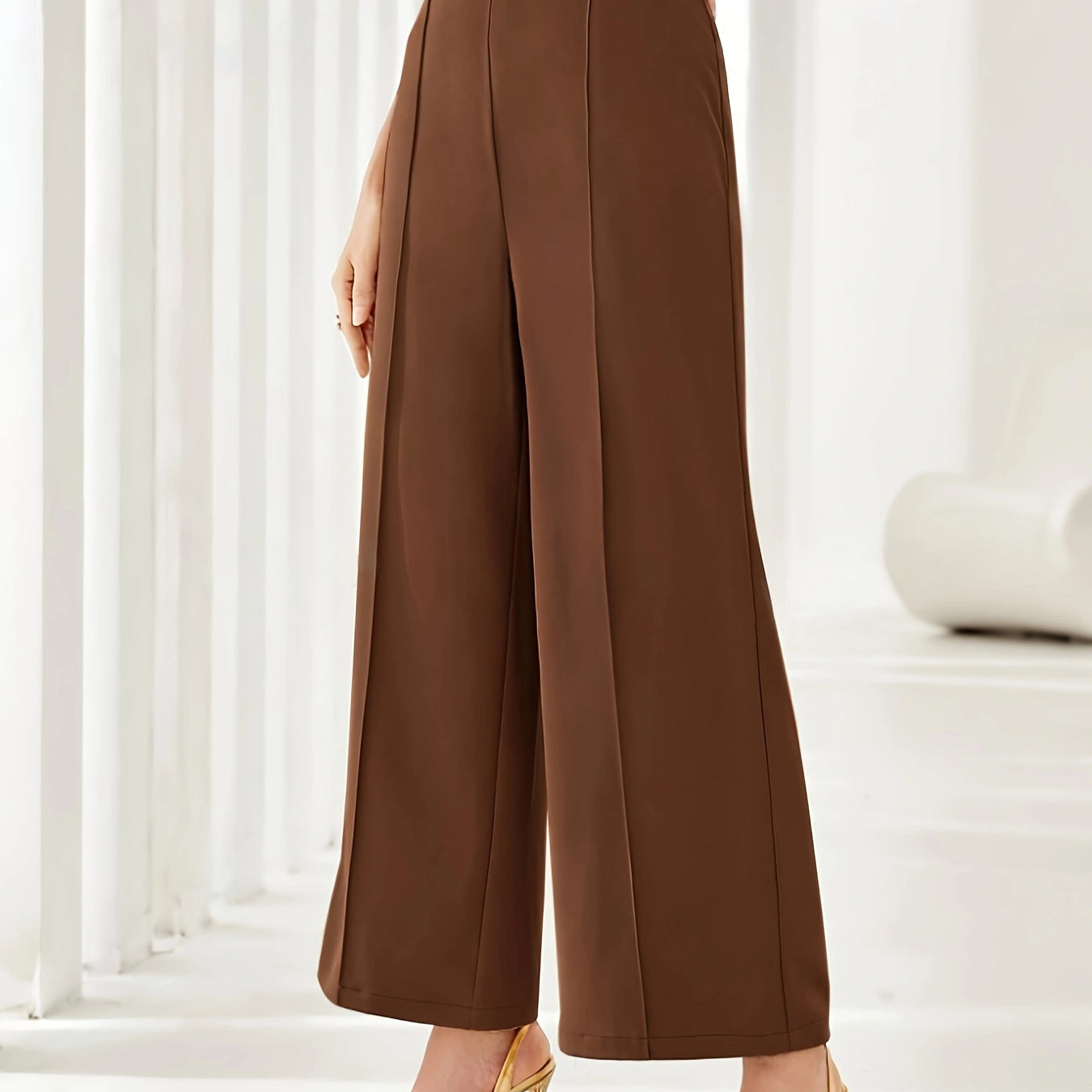 Brown wide leg cropped dress pants with pressed creases for elegant casual fashion