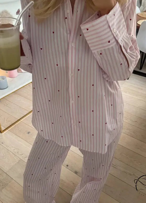 Lavender polka dot pajama set with metallic accents in langry fashion ملابس