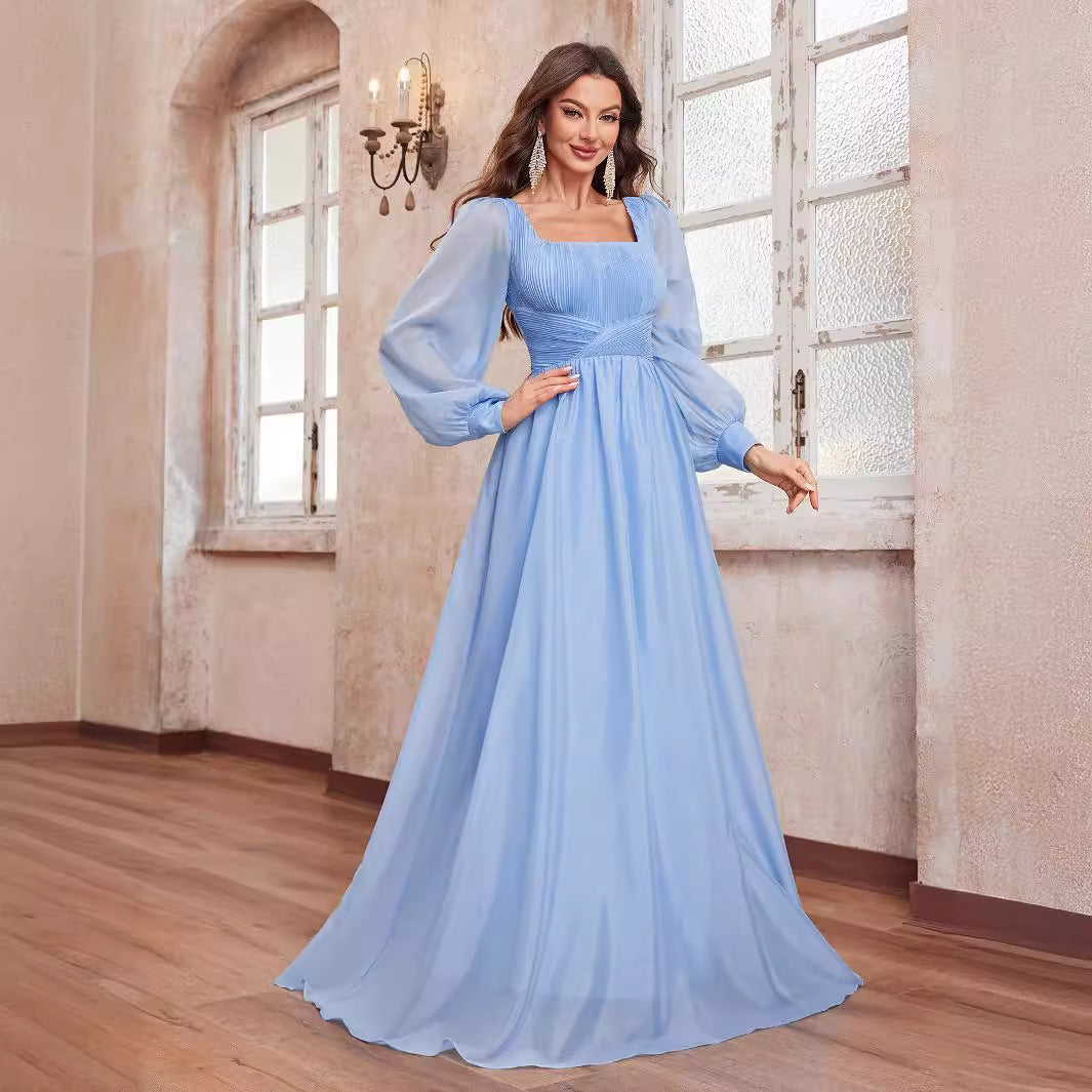 Light blue spring summer women chiffon dress with lantern sleeves and square collar