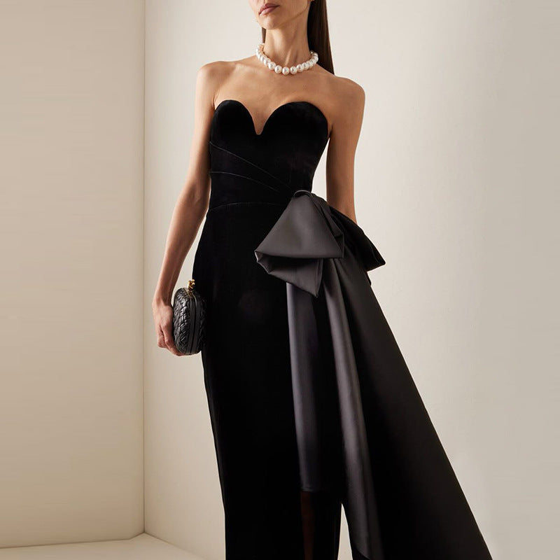 Elegant design sleeveless split dress in black strapless velvet with train and pearls