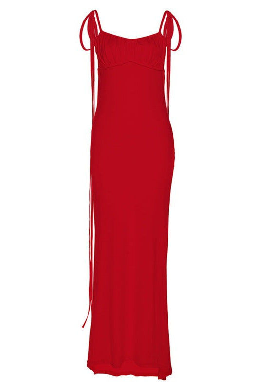 Red tie-strap maxi dress in elegant slim fit sheath style for sophisticated occasions