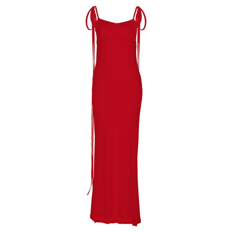 Red tie-strap maxi dress in elegant slim fit sheath style for sophisticated occasions