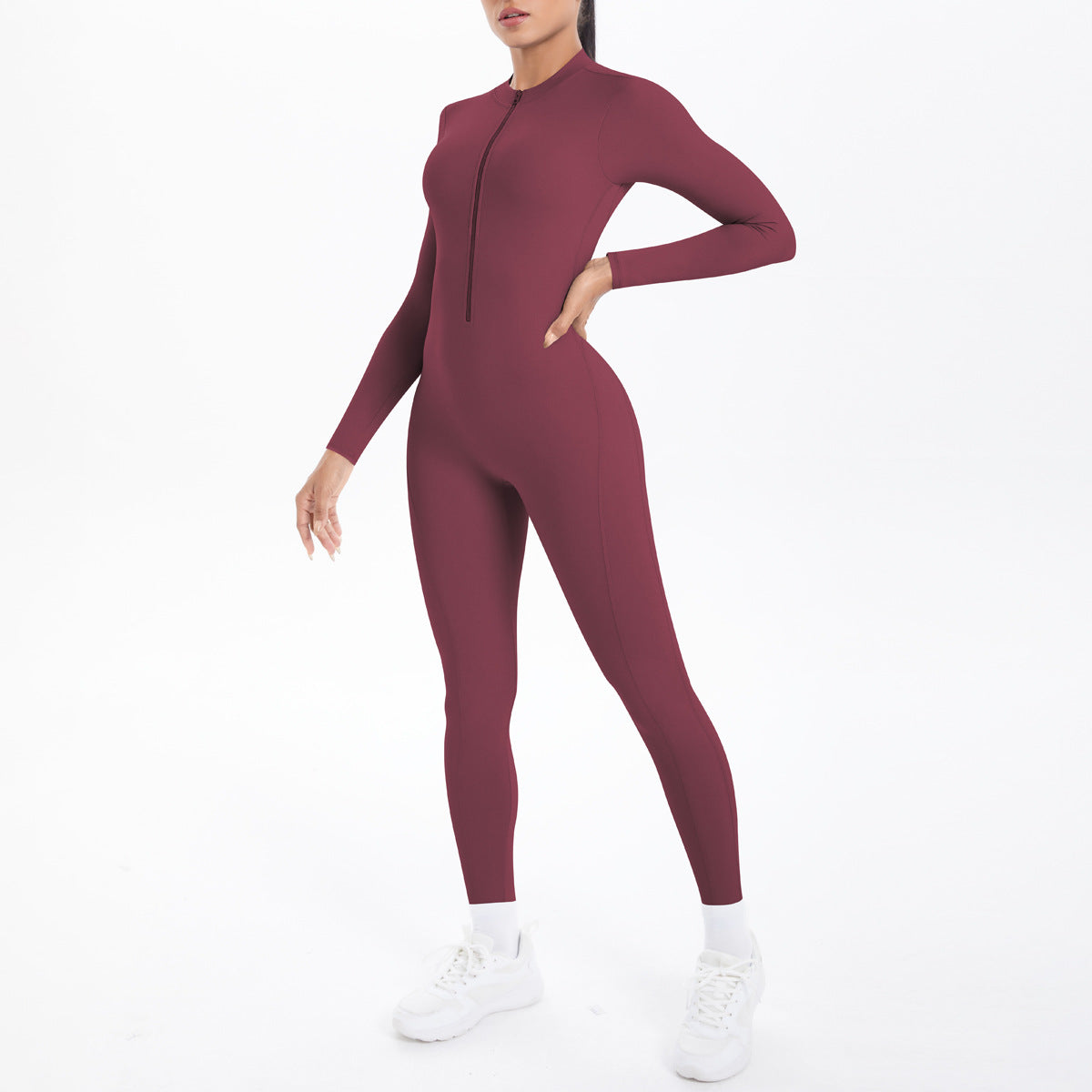 Maroon long sleeve yoga zipper one piece compression suit