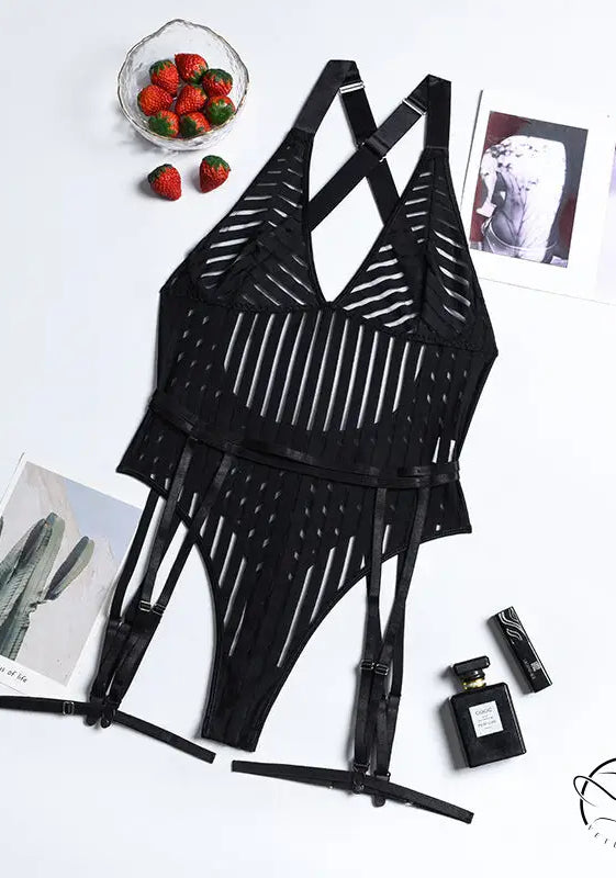 Hollow out Cutout Striped Cross Strap one Piece Lingerie Suit