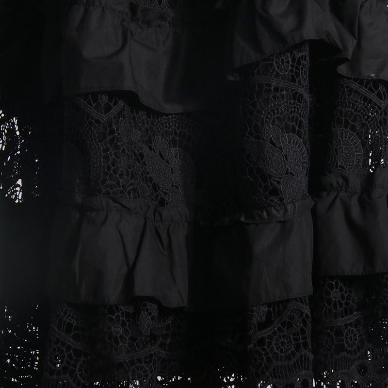 Black ruffled lace dress displayed in a stylish off shoulder lace fairy dress for women