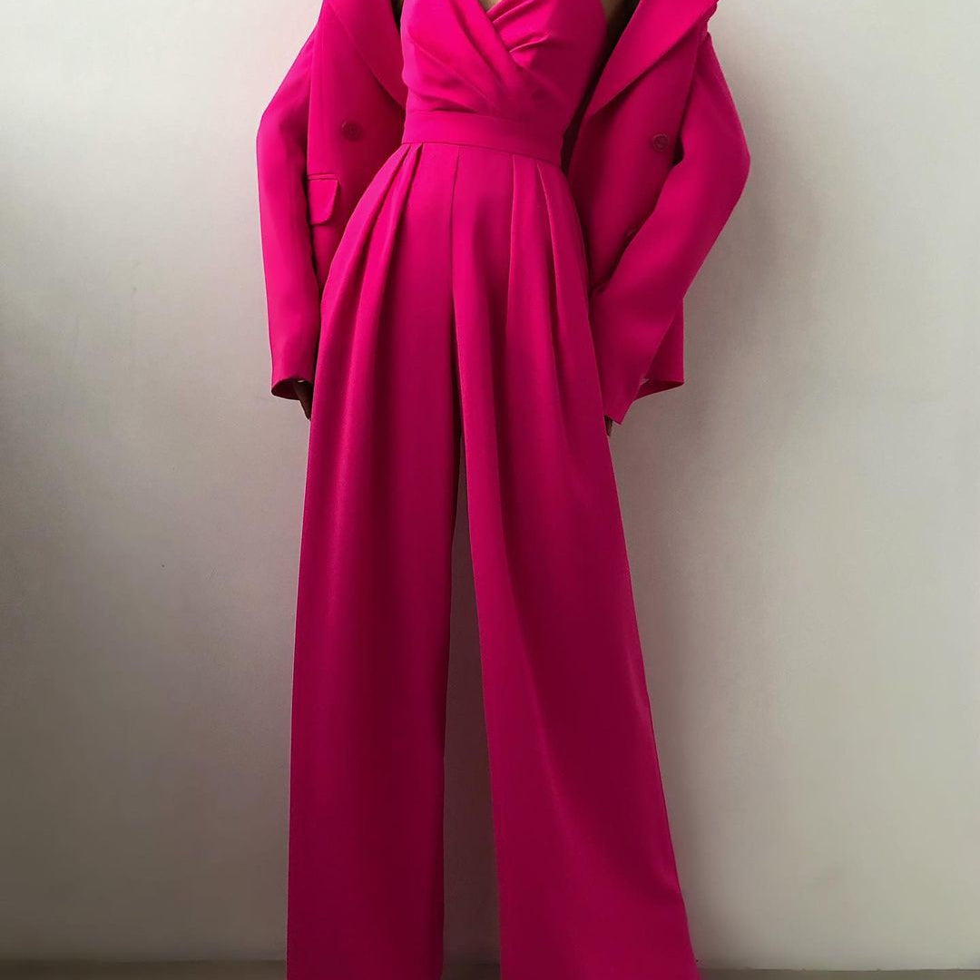 Hot pink jumpsuit with matching jacket and sweetheart neckline for elegant fashion ملابس