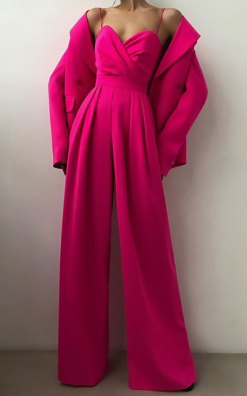 Hot pink jumpsuit with matching jacket and sweetheart neckline for elegant fashion ملابس