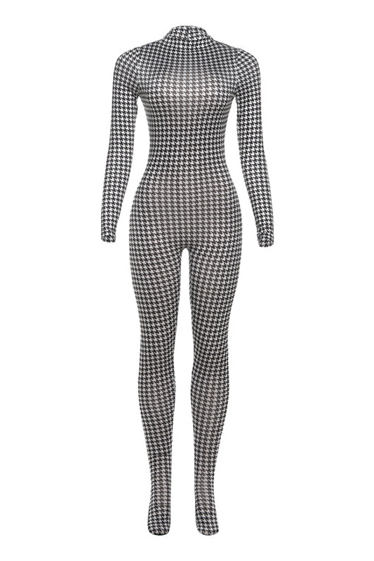 Langry fashion houndstooth print high-waist slim fit bodysuit, black and white
