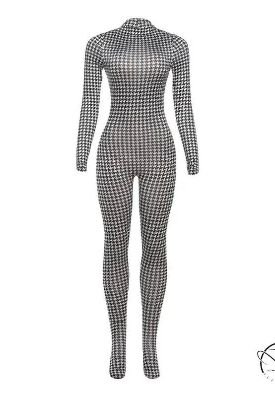 Langry fashion houndstooth print bodysuit, black white high neck slim fit