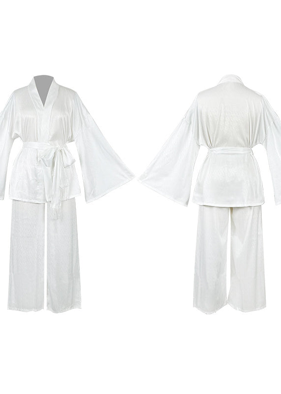 Langry white satin kimono robe with pants, fashion homewear set