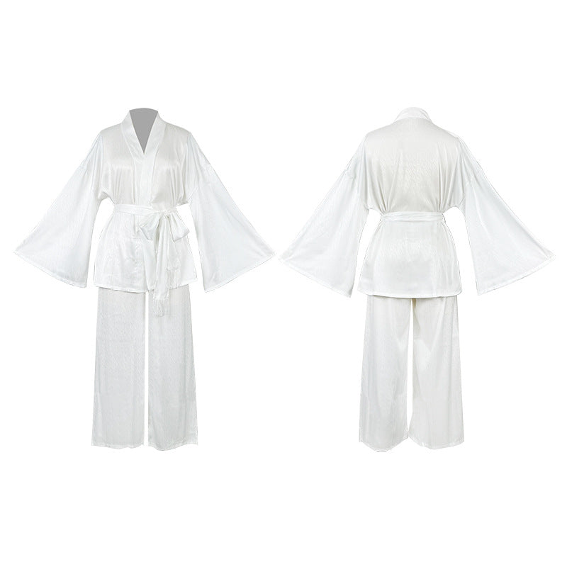 Langry white satin kimono robe with pants, fashion homewear set