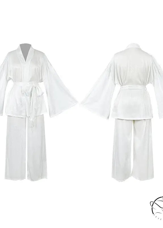 White satin kimono robe with pants, loose langry fashion home wear set
