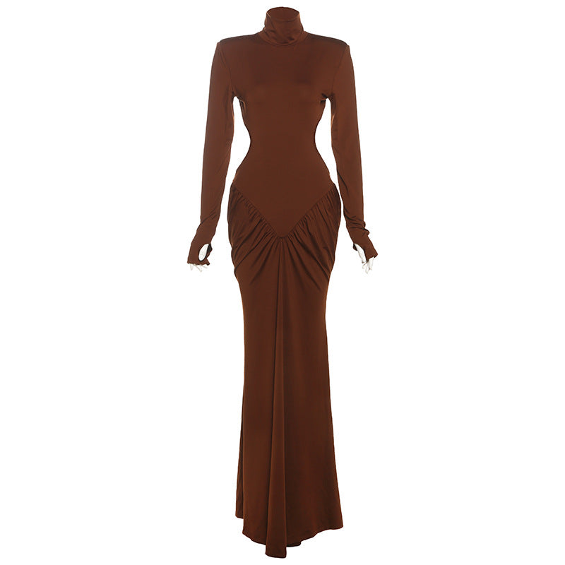 Beautiful high collar slim backless maxi dress in brown with ruched detailing