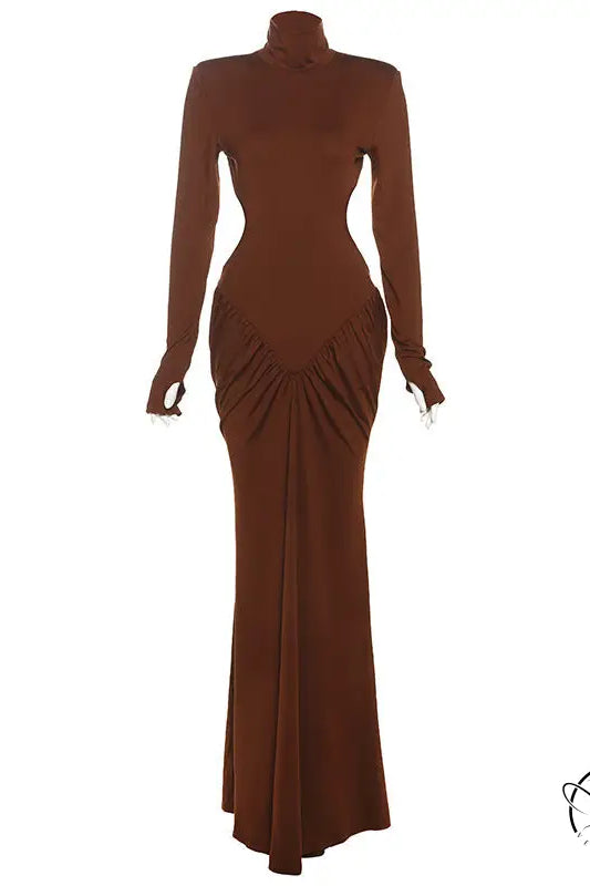 Beautiful high collar maxi dress with brown long sleeves and ruched high neckline