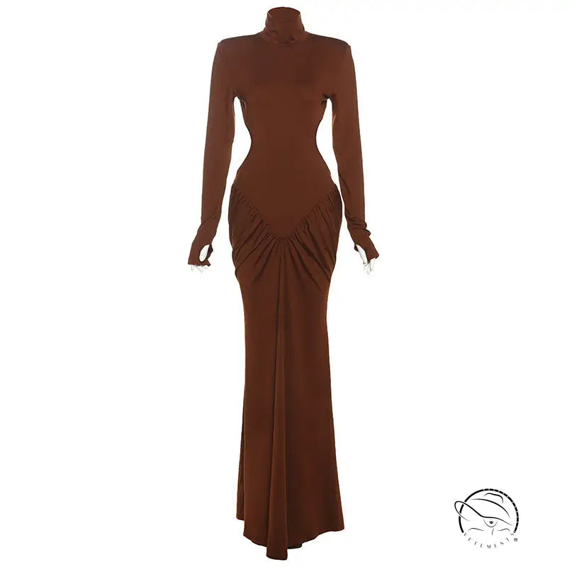 Beautiful high collar maxi dress with brown long sleeves and ruched high neckline