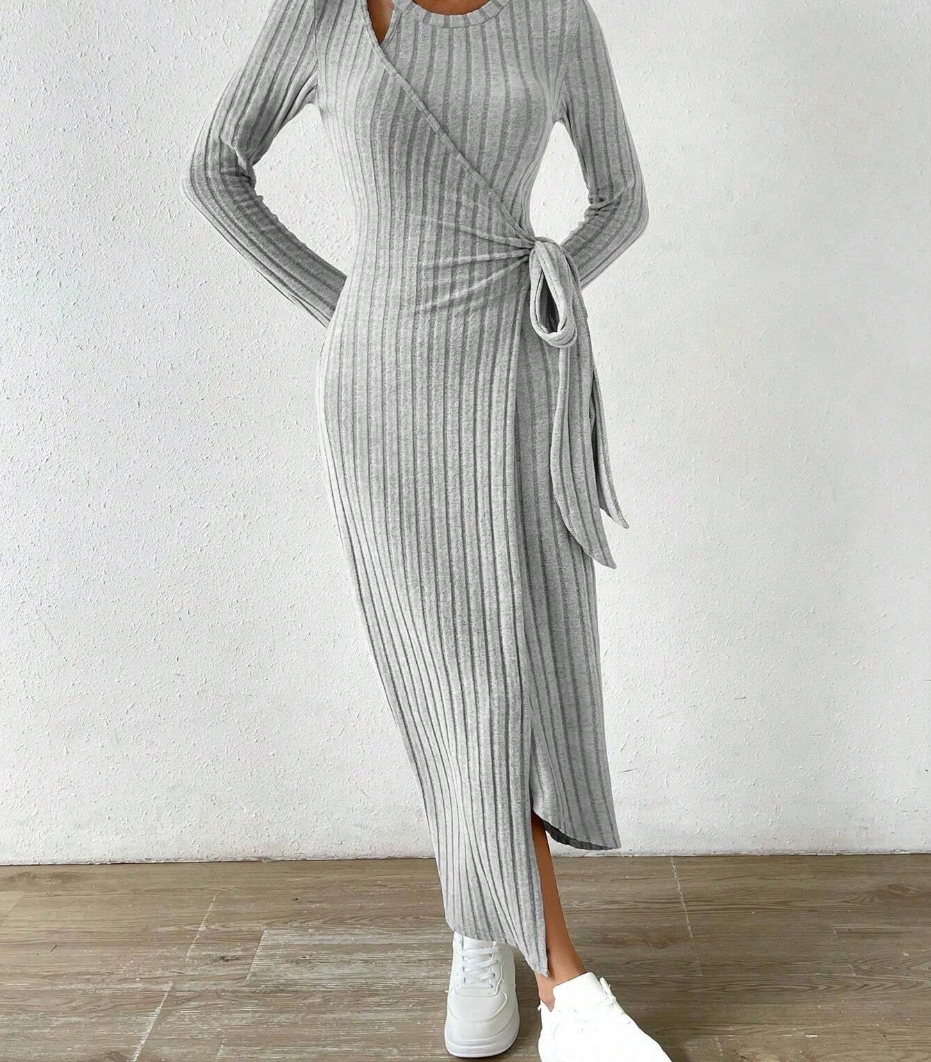Gray ribbed knit maxi dress with long sleeves and side slit