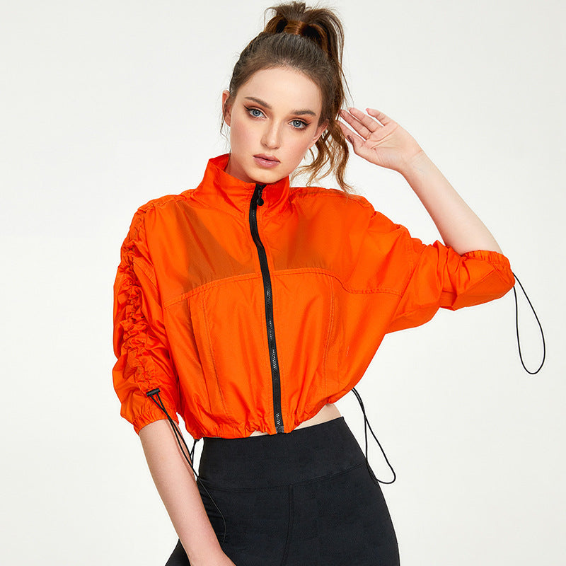 Orange cropped drawstring jacket in Casual Loose Cardigan Fitness Yoga Wear fashion ملابس