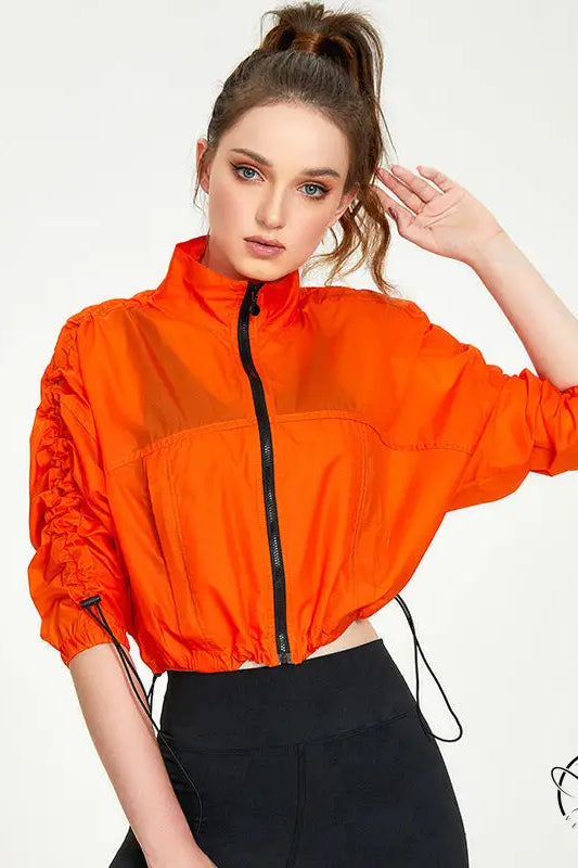 Orange casual loose cardigan cropped drawstring jacket for yoga