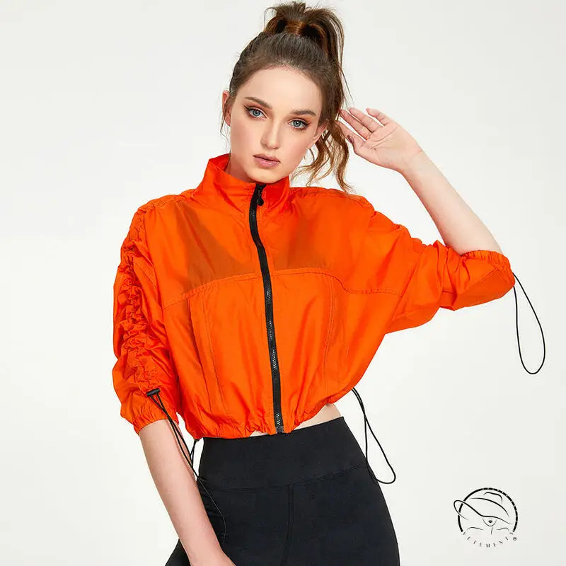 Orange casual loose cardigan cropped drawstring jacket for yoga