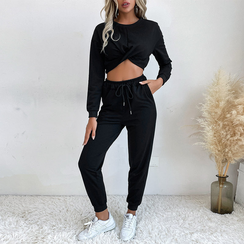 Casual black langry fashion two-piece sweater set with knot crop top and drawstring joggers