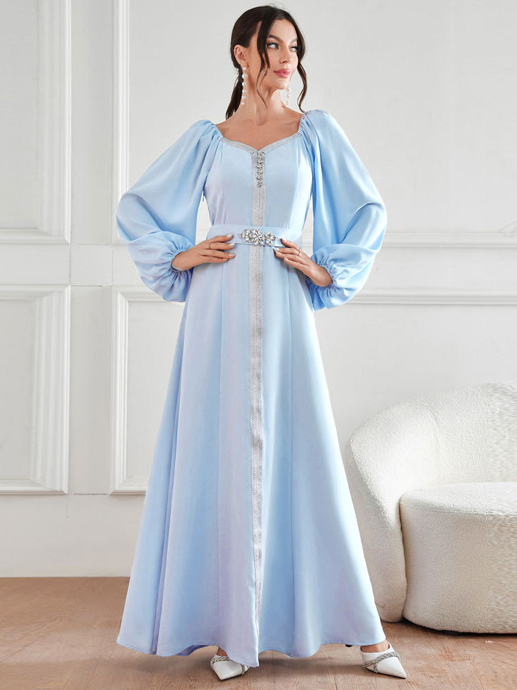 Elegant langry high waist rhinestone fashion dress in light blue satin
