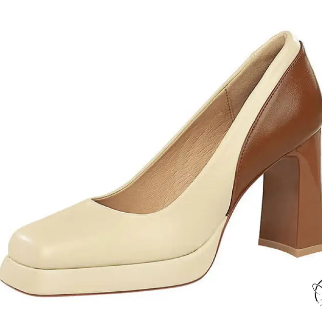 Fashionable langry cream and brown leather platform pump with block heel