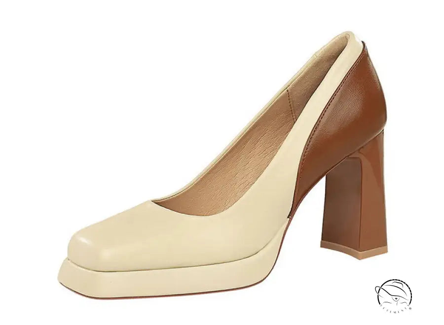 Fashionable langry cream and brown leather platform pump with block heel