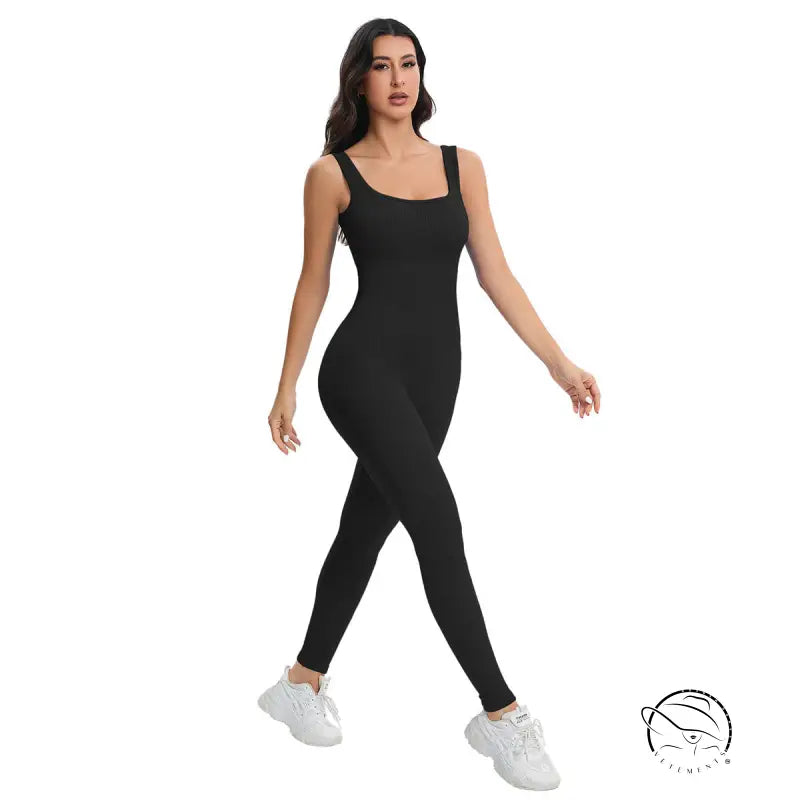 Langry breathable seamless knitted peach hip slim fit black jumpsuit