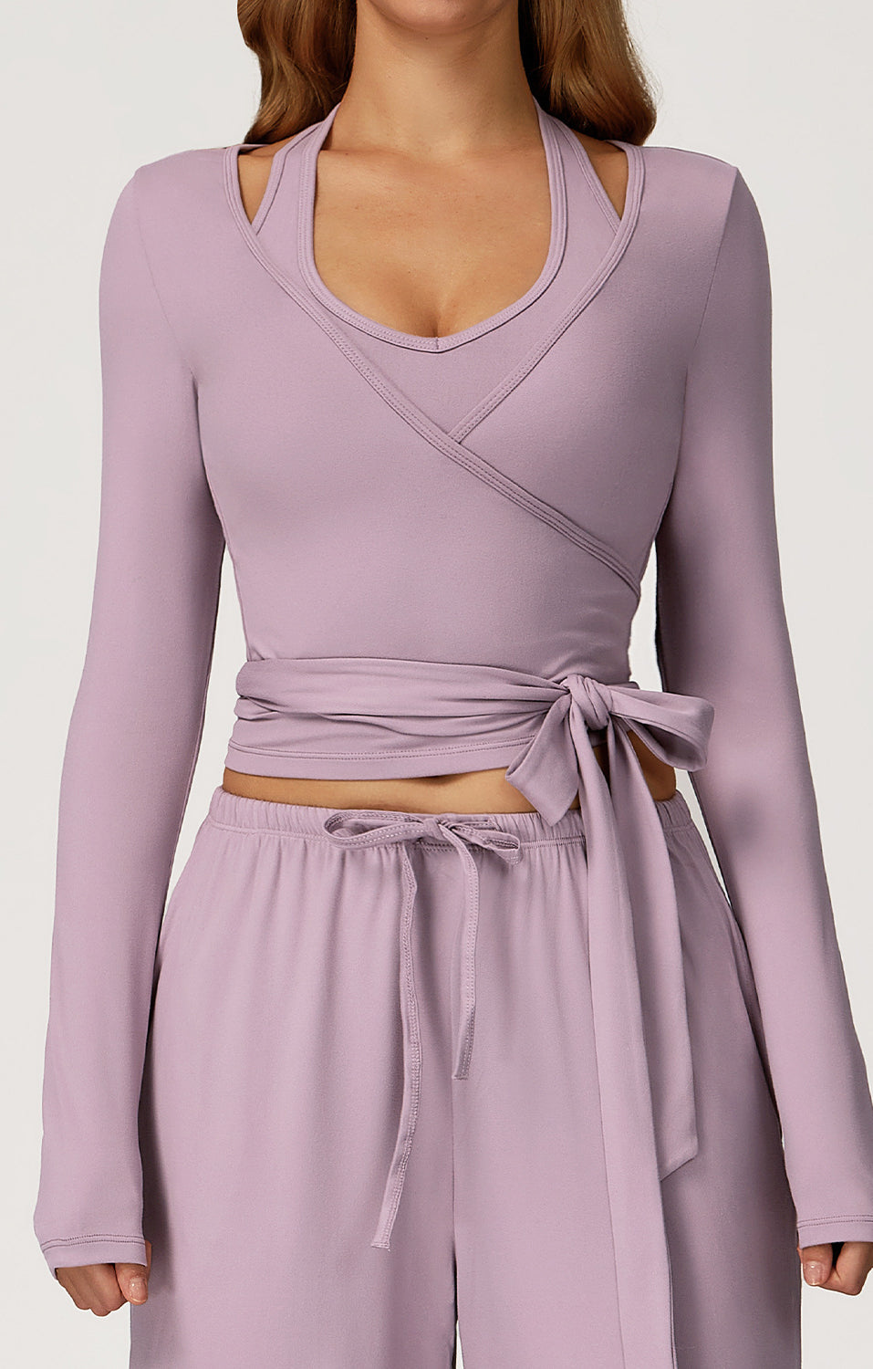 Lavender langry fashion wrap top with long sleeves and tie waist for yoga
