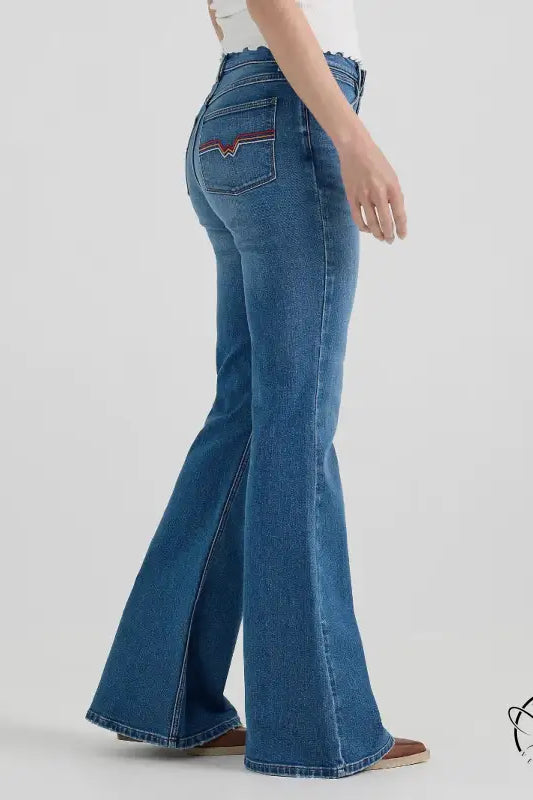 Comfy embroidered micro stretch jeans with flared blue denim and red pocket stitching