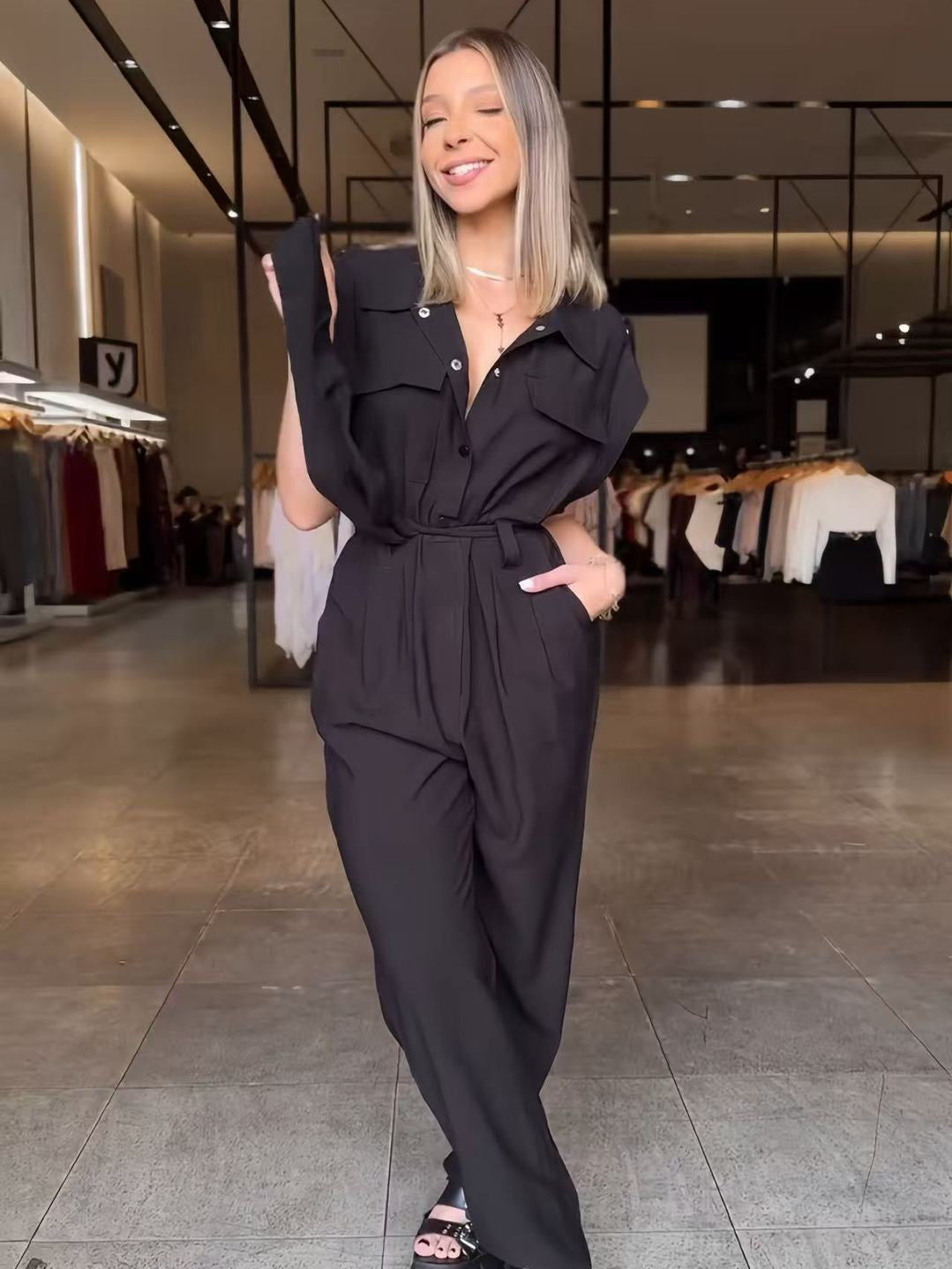 High Waist Long Leg Sleeveless Tooling Jumpsuit